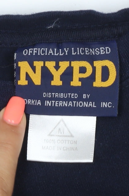NYPD Men Blue Cotton Crew Neck Short Sleeve Logo T-Shirt M