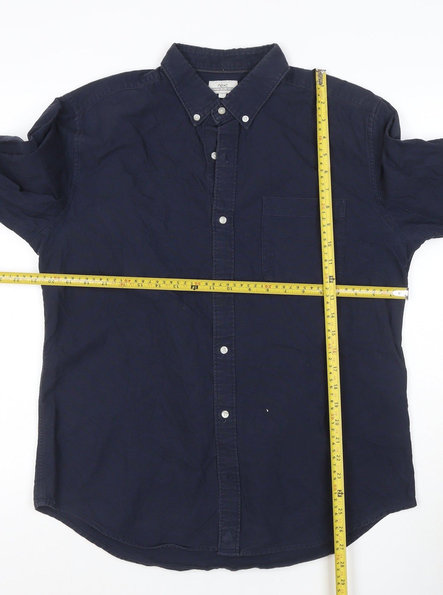 Next Men's Navy Blue Cotton Long Sleeve Button-Up Shirt Size L