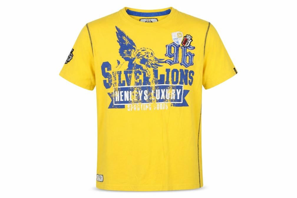 Henleys Men's Yellow 'Silver Lions' Graphic Cotton T-Shirt Size S
