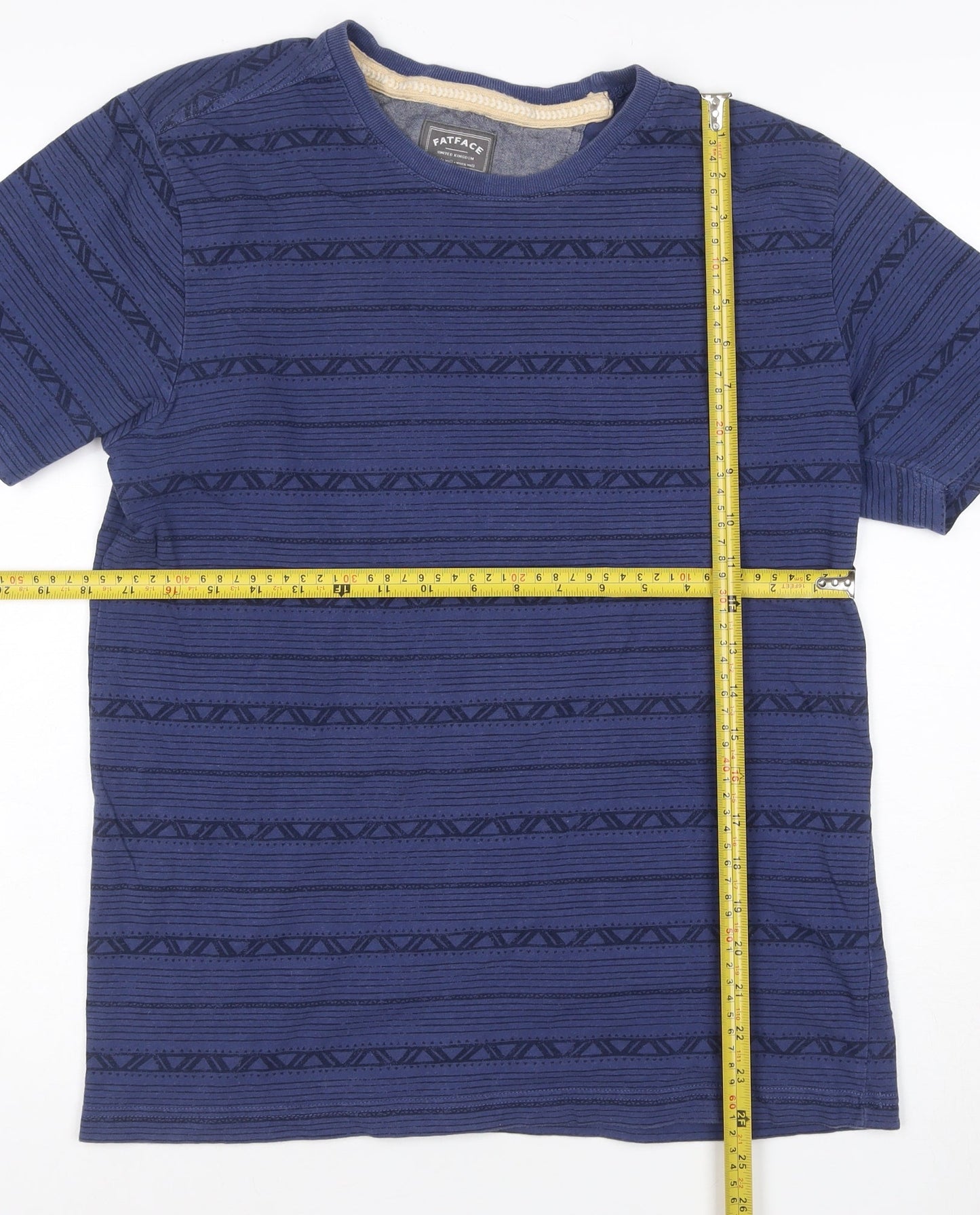 FatFace Women Blue Geometric Linen Cotton Short Sleeve T-Shirt Size S