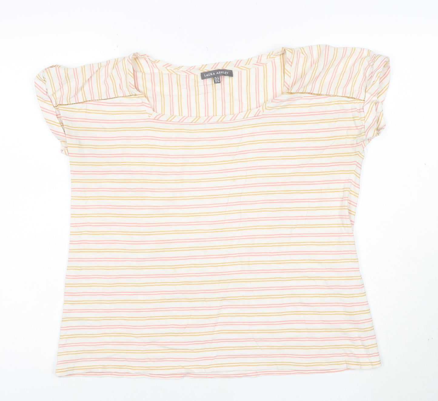 Laura Ashley Women’s Cream Multicoloured Stripe T-Shirt UK 12 Cotton