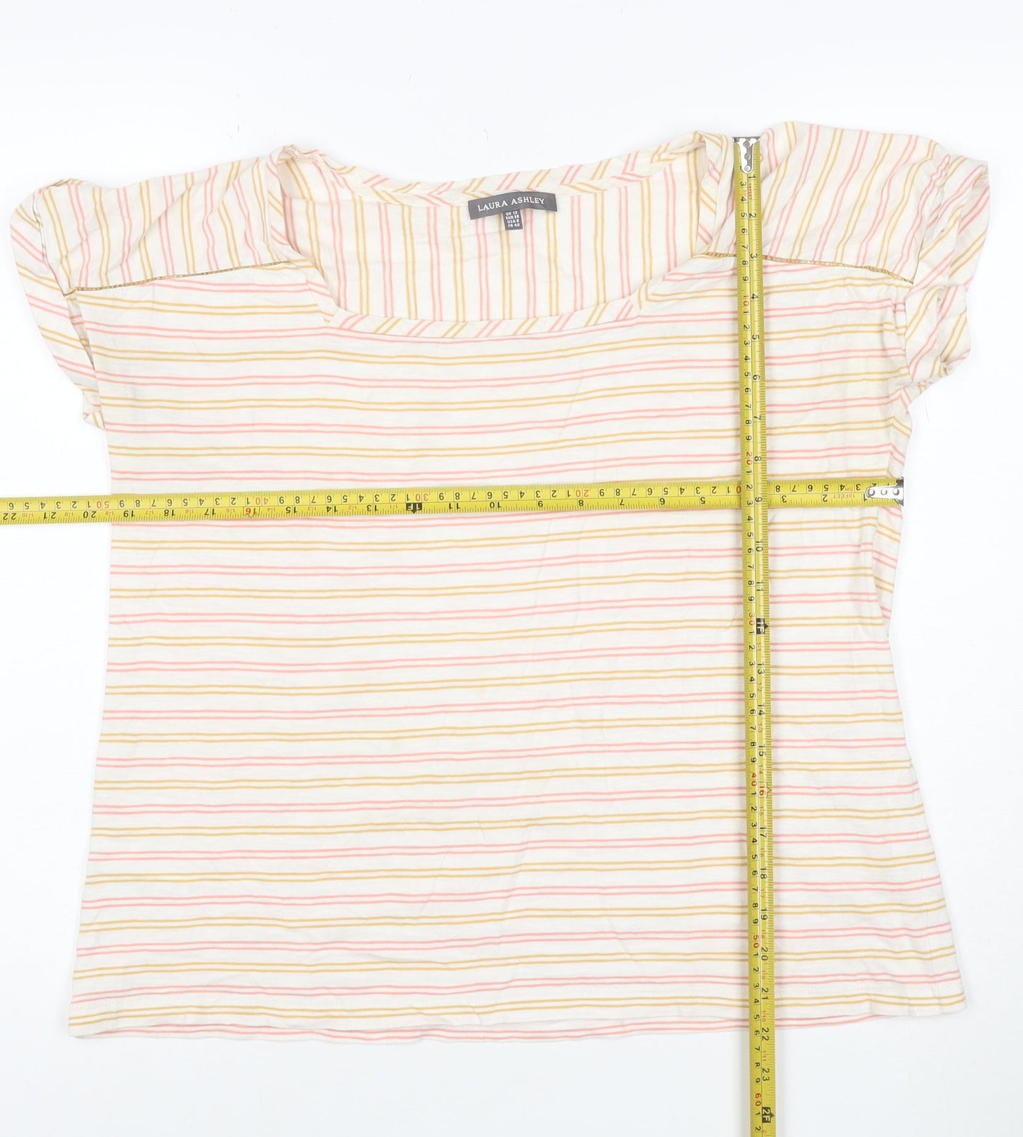 Laura Ashley Women’s Cream Multicoloured Stripe T-Shirt UK 12 Cotton