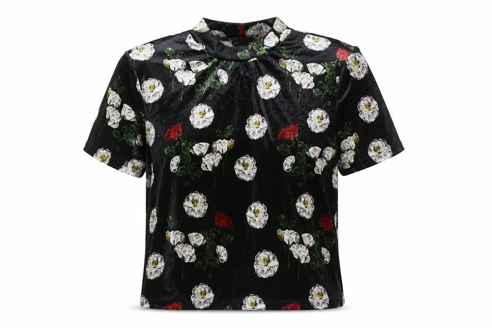 Zara Trafaluc Women’s Black Floral Velvet Short Sleeve T-Shirt Size L
