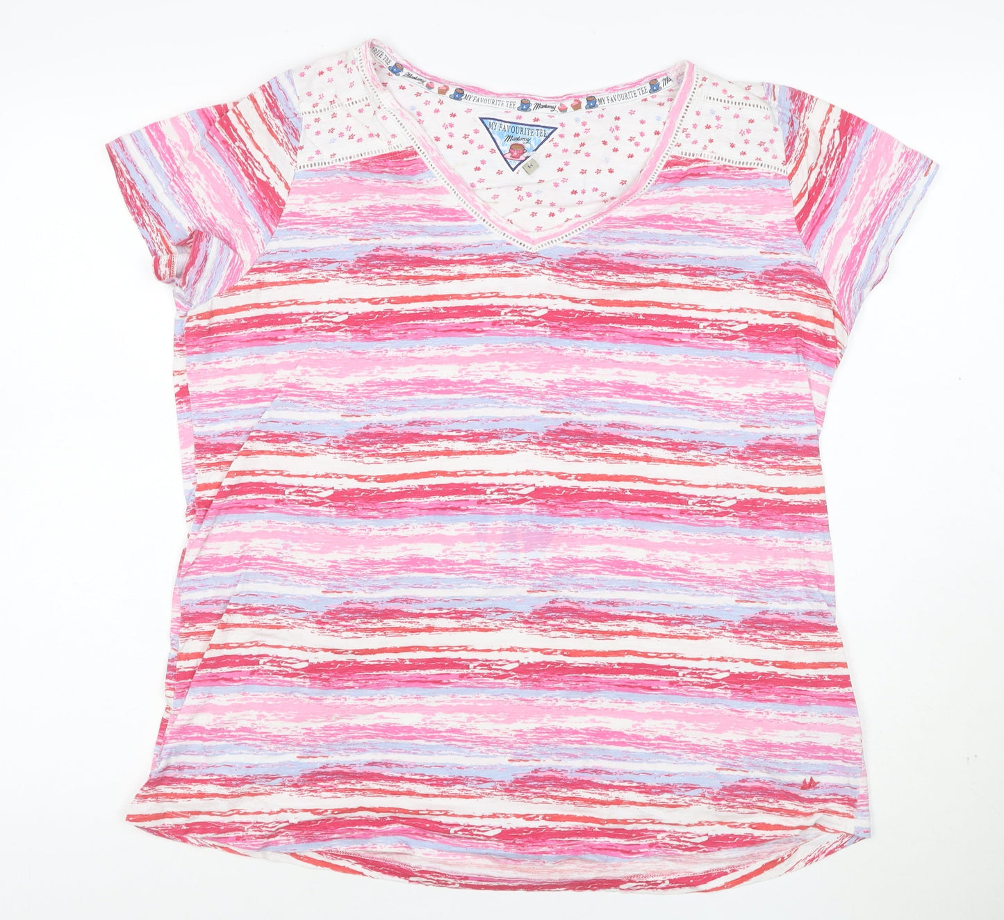 Mistral Women Pink Multicoloured V-Neck Short Sleeve T-Shirt Cotton Size 16
