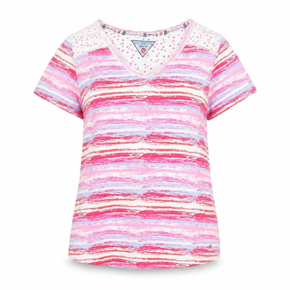 Mistral Women Pink Multicoloured V-Neck Short Sleeve T-Shirt Cotton Size 16