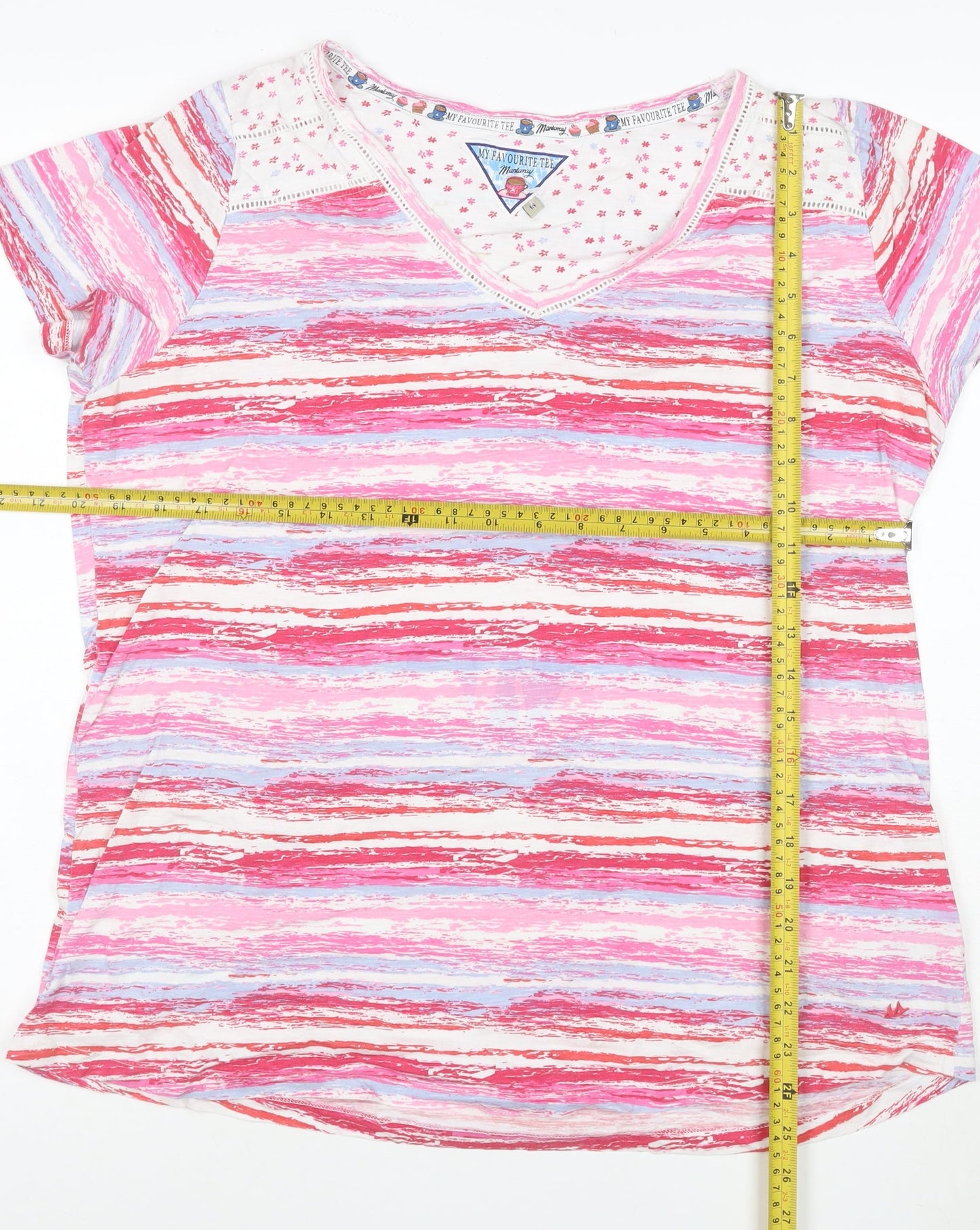 Mistral Women Pink Multicoloured V-Neck Short Sleeve T-Shirt Cotton Size 16