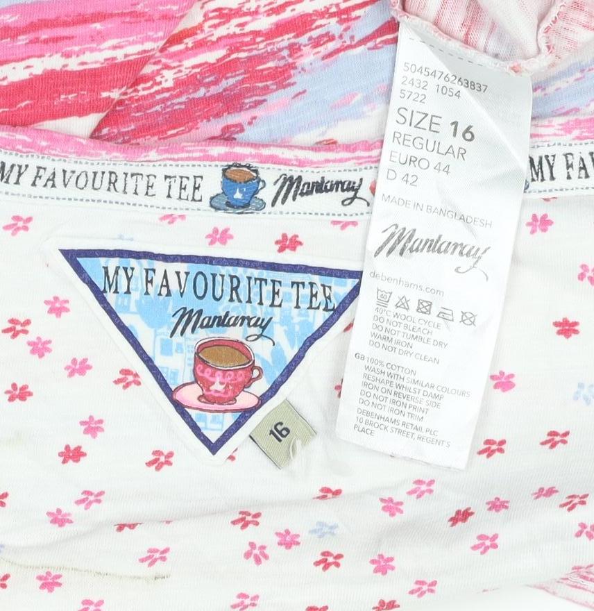 Mistral Women Pink Multicoloured V-Neck Short Sleeve T-Shirt Cotton Size 16