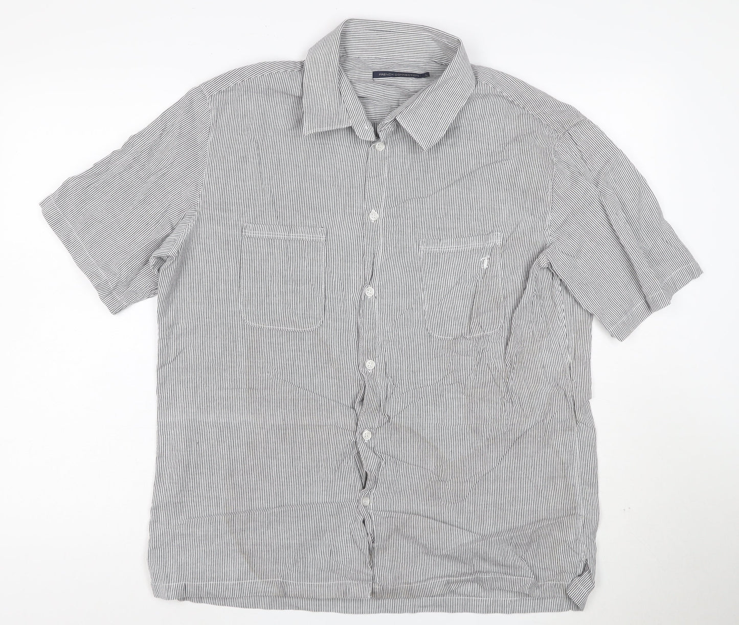 French Connection Men's Grey Striped Cotton Short Sleeve Shirt L