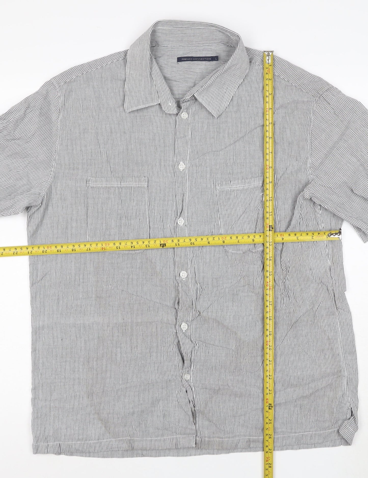 French Connection Men's Grey Striped Cotton Short Sleeve Shirt L