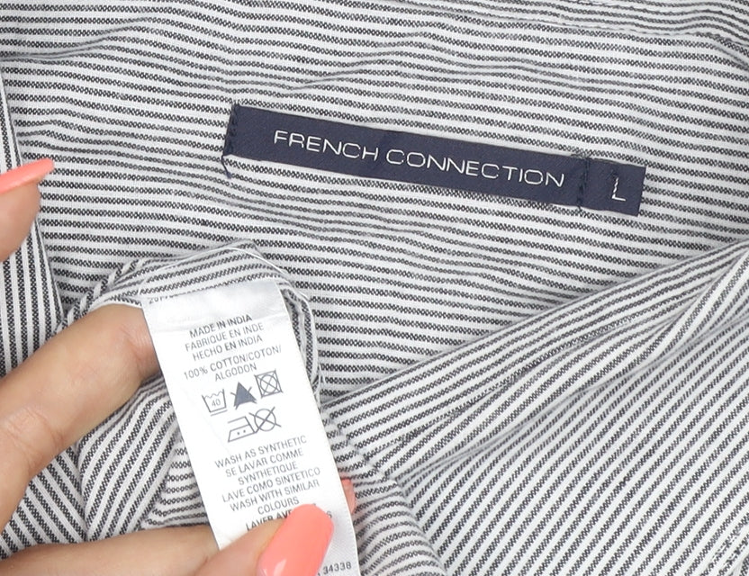 French Connection Men's Grey Striped Cotton Short Sleeve Shirt L