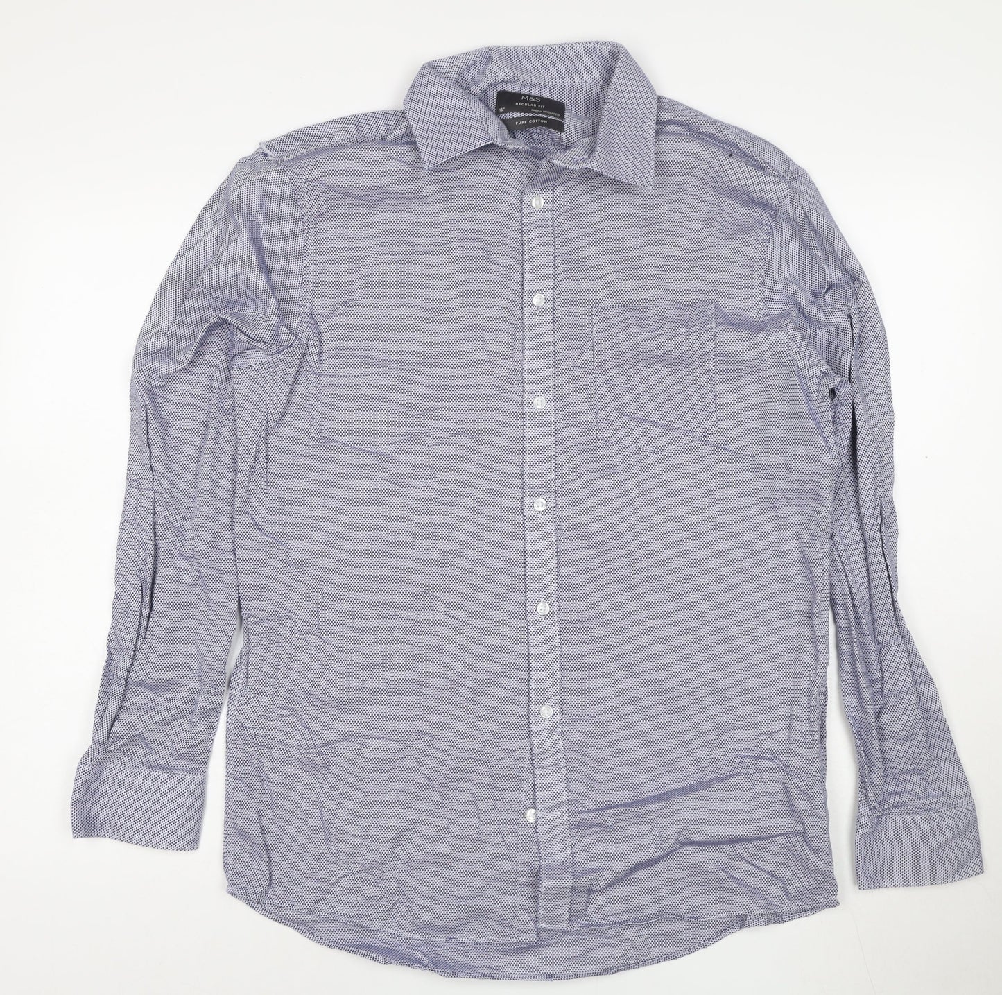 Marks and Spencer Men’s Blue Regular Fit 16 Button-Up Long Sleeve Cotton Shirt
