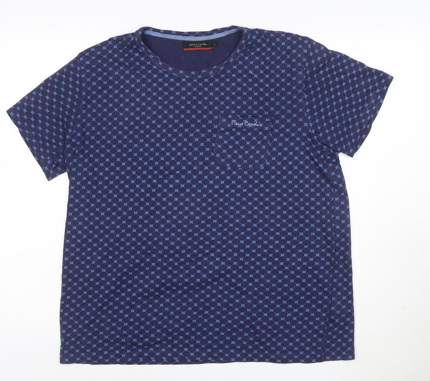 Pierre Cardin Blue Geometric Cotton T-Shirt L Unisex Adults