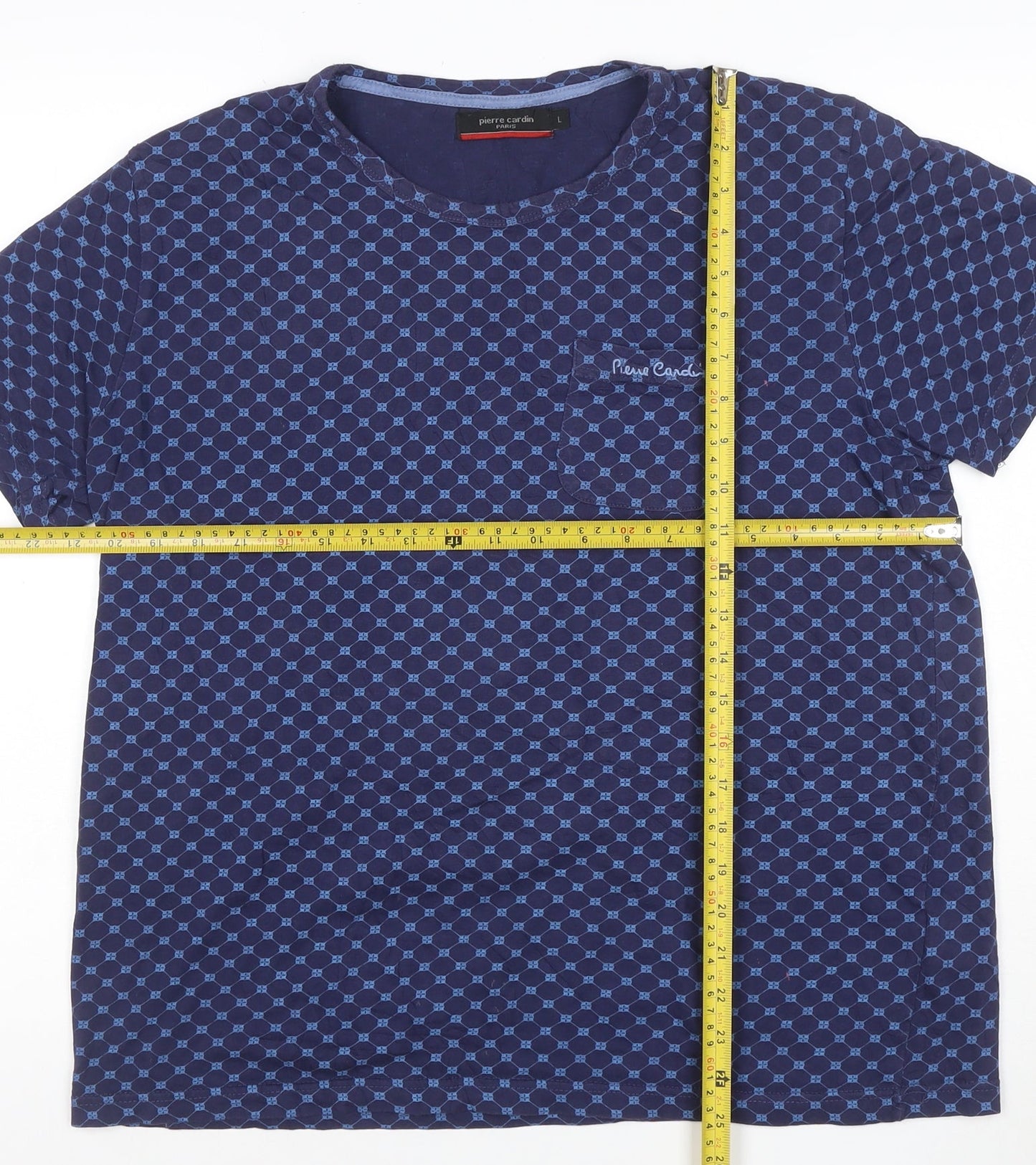 Pierre Cardin Blue Geometric Cotton T-Shirt L Unisex Adults