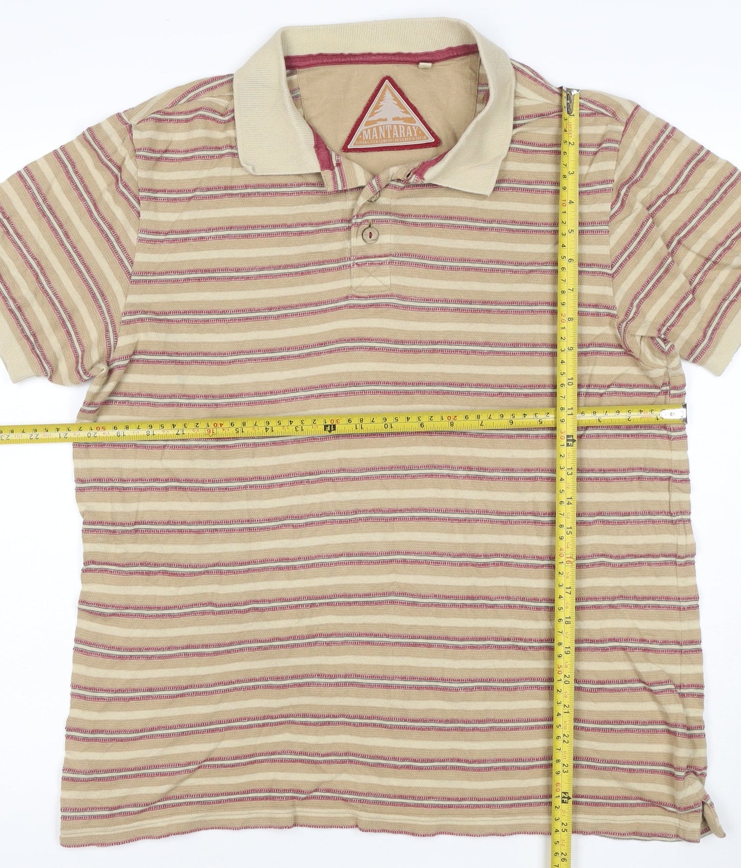 Mantaray Men's Beige Striped Cotton Polo Shirt Size M