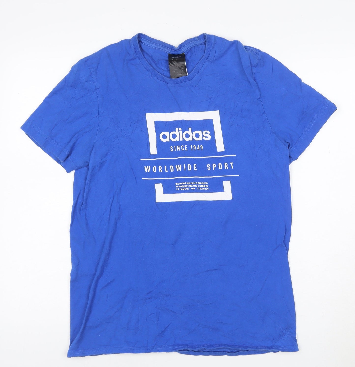 adidas Men Blue Cotton Graphic Print Short Sleeve T-Shirt Size S