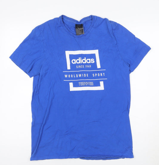 adidas Men Blue Cotton Graphic Print Short Sleeve T-Shirt Size S