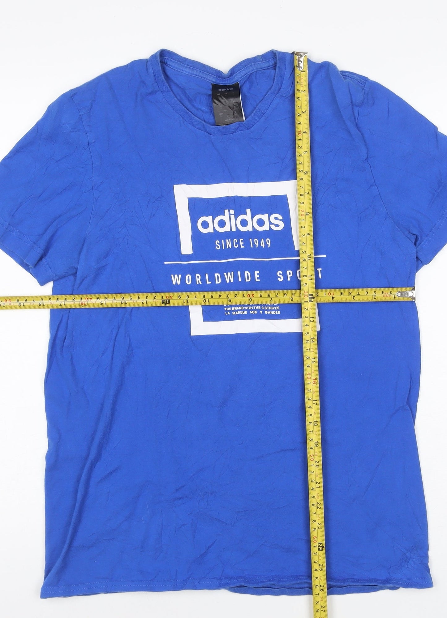 adidas Men Blue Cotton Graphic Print Short Sleeve T-Shirt Size S
