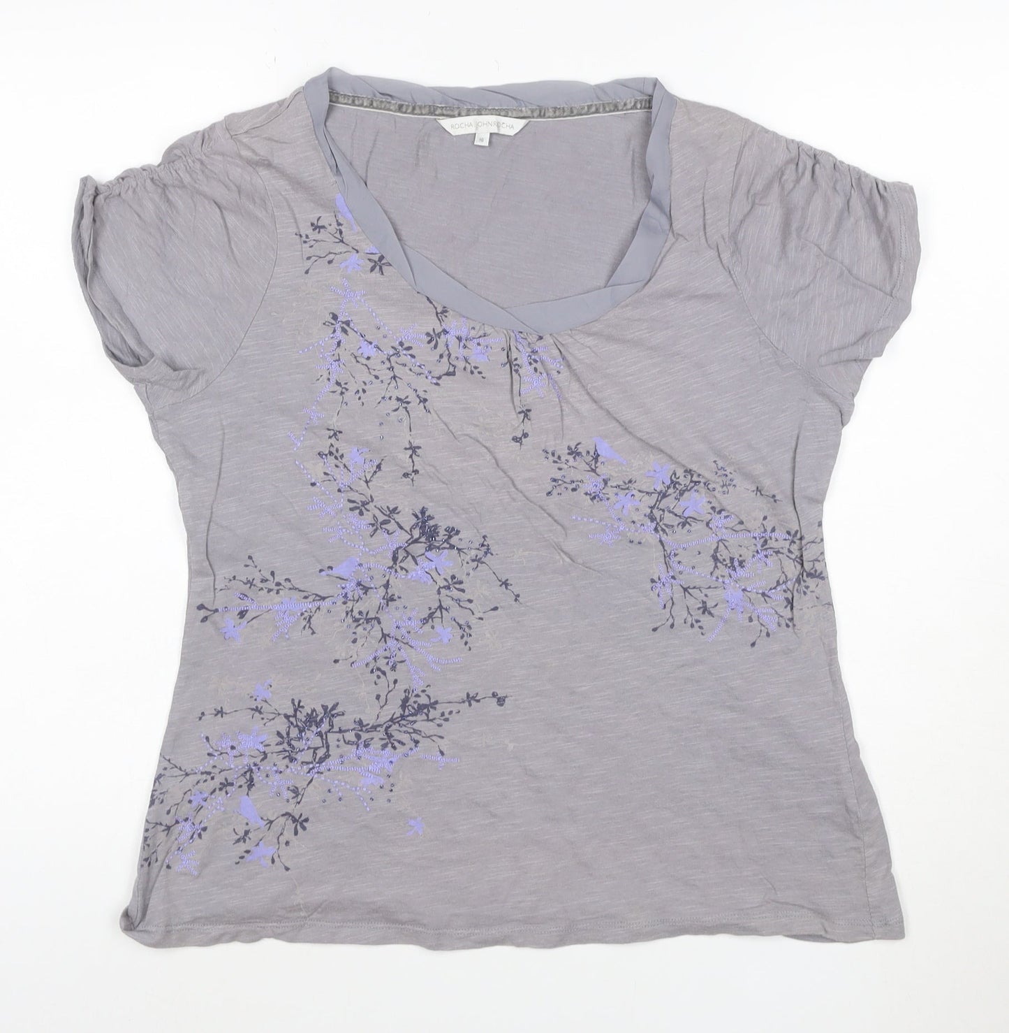 Rocha John Rocha Women's Grey Embroidered Floral T-Shirt Size 16