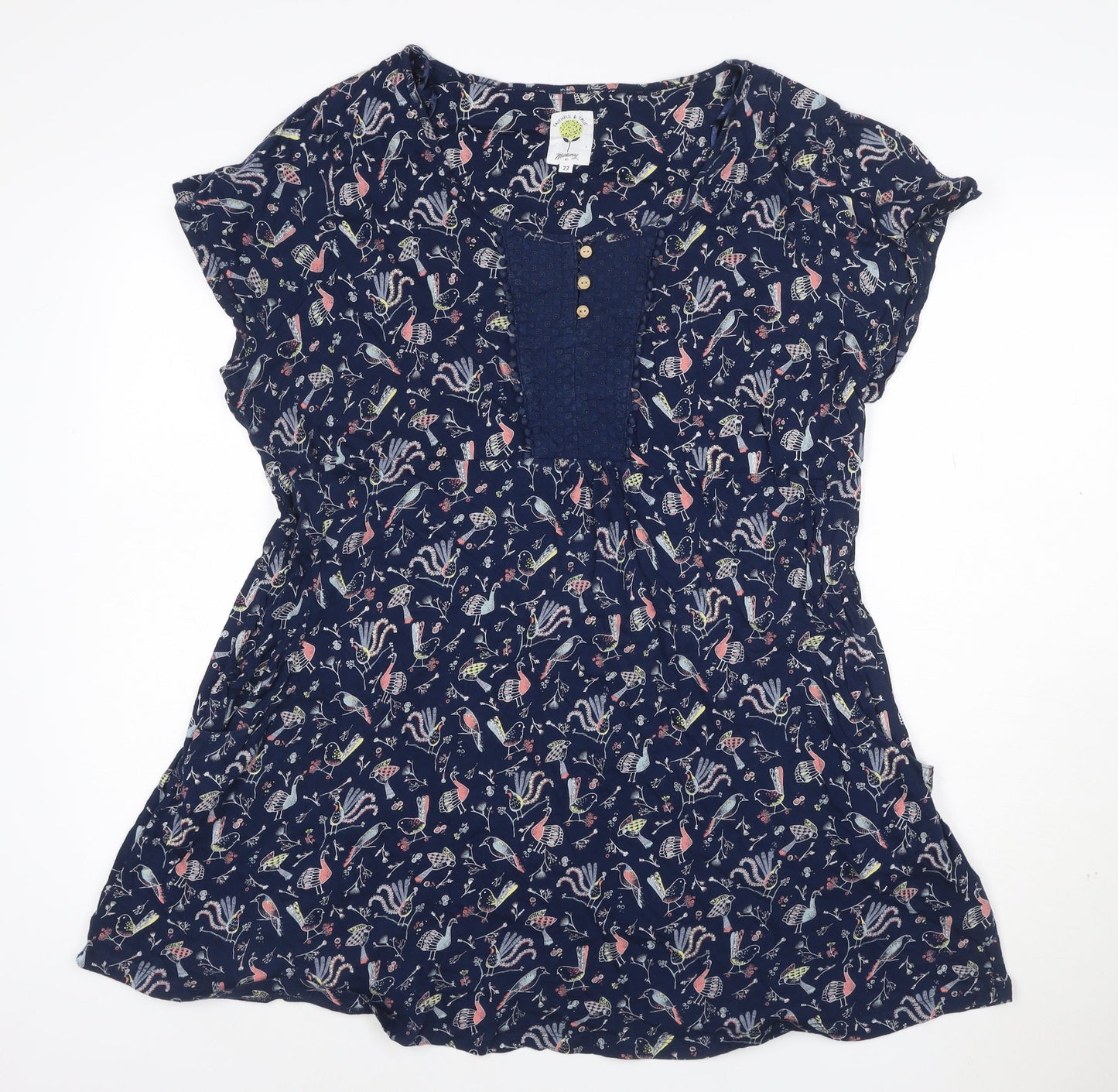 Monsoon Women Blue Floral A-Line Dress Size 22 Short Sleeve