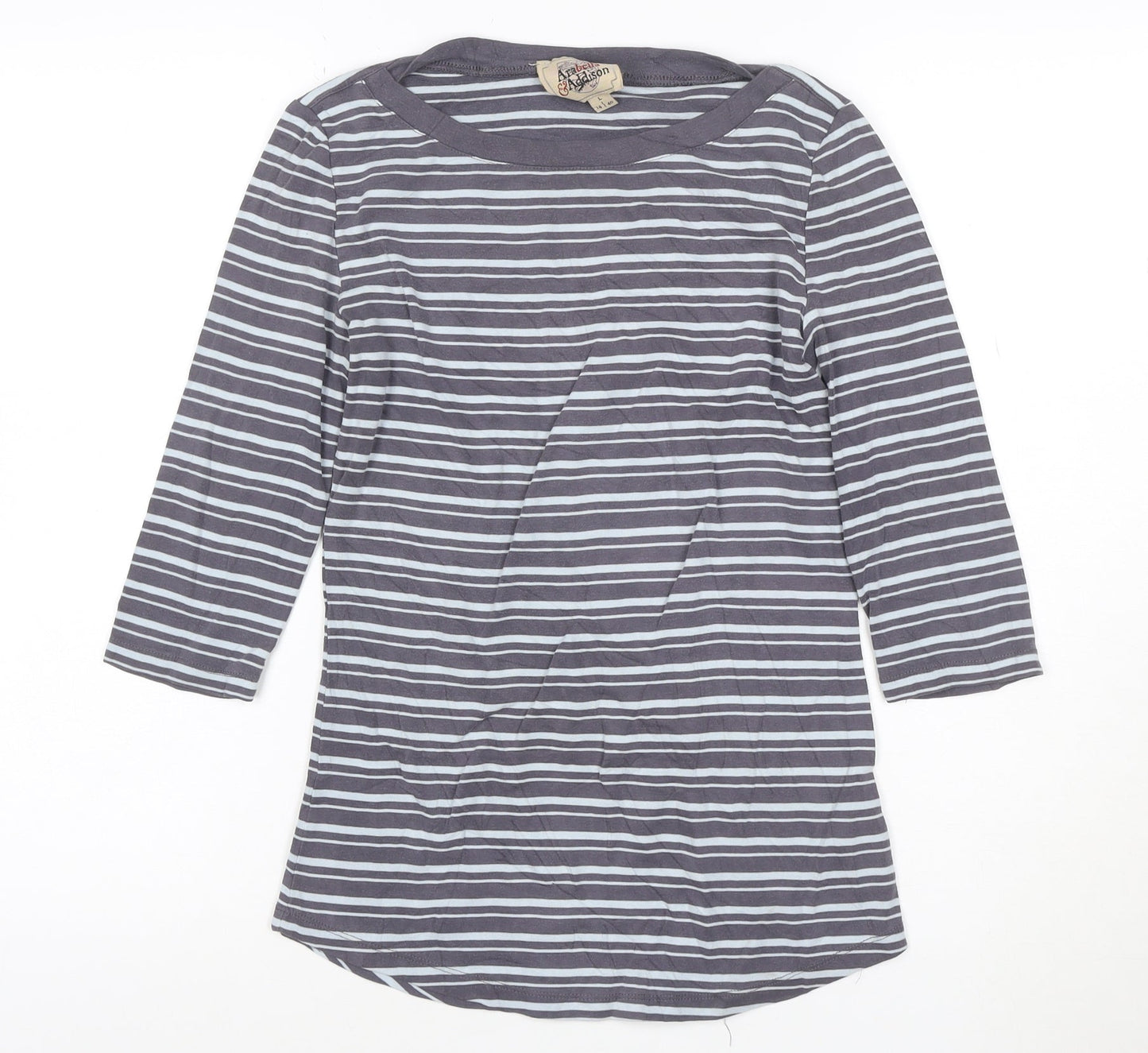 Arabella & Addison Women Grey Striped 3/4 Sleeve Cotton T-Shirt L