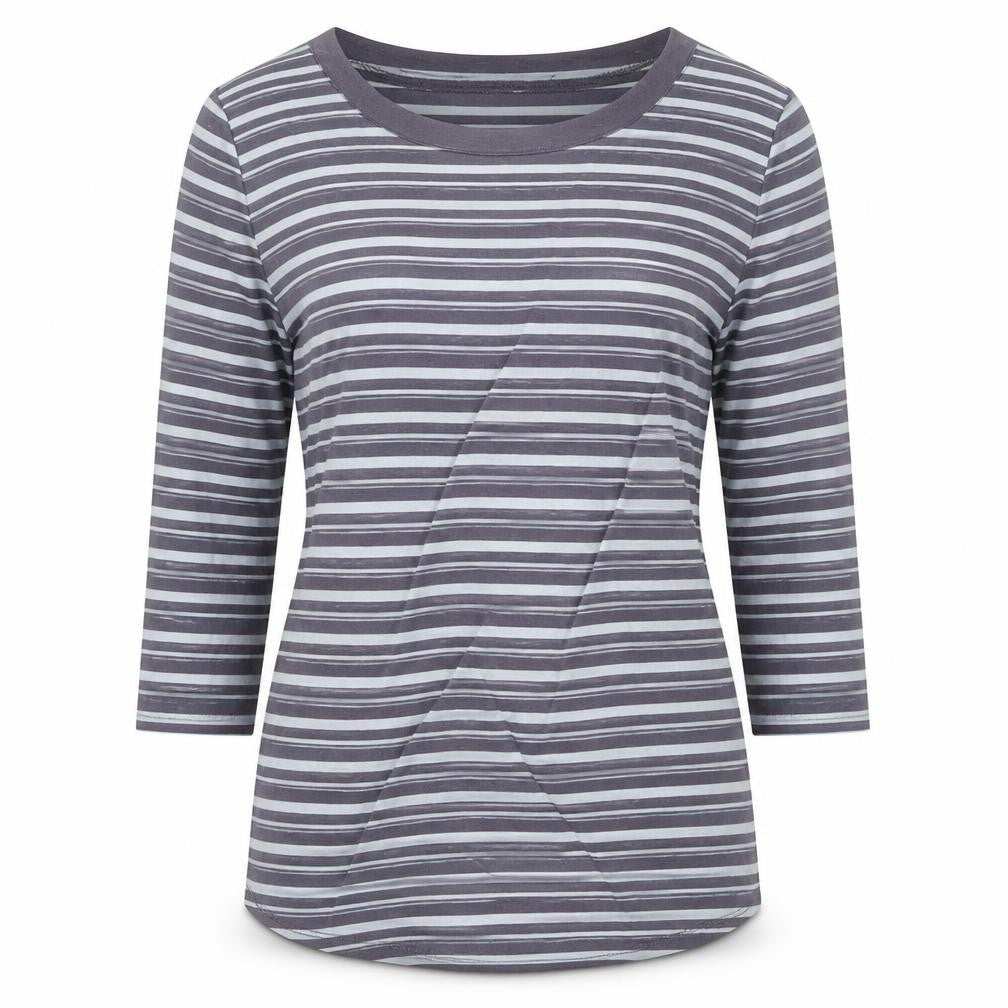 Arabella & Addison Women Grey Striped 3/4 Sleeve Cotton T-Shirt L