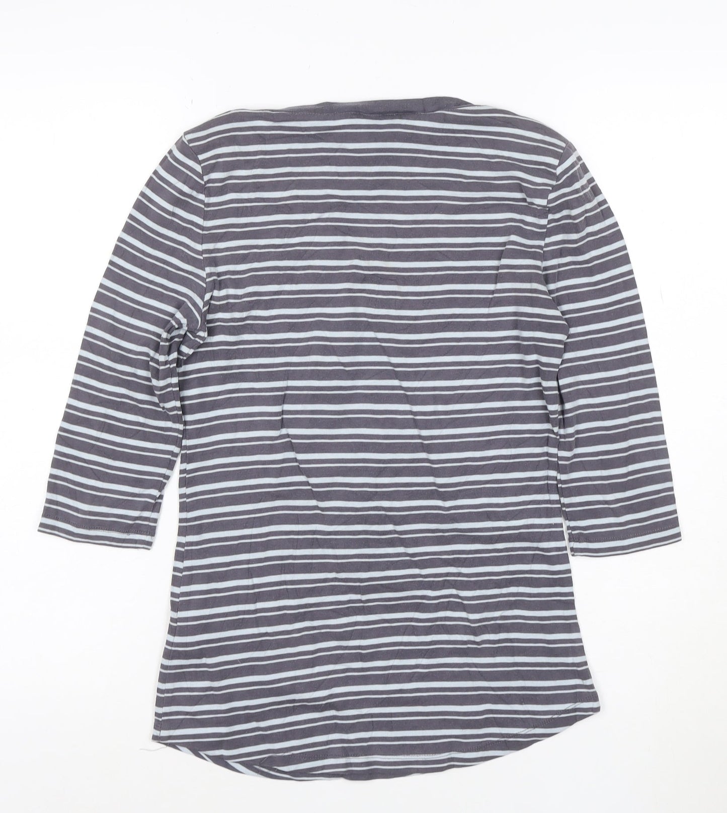 Arabella & Addison Women Grey Striped 3/4 Sleeve Cotton T-Shirt L