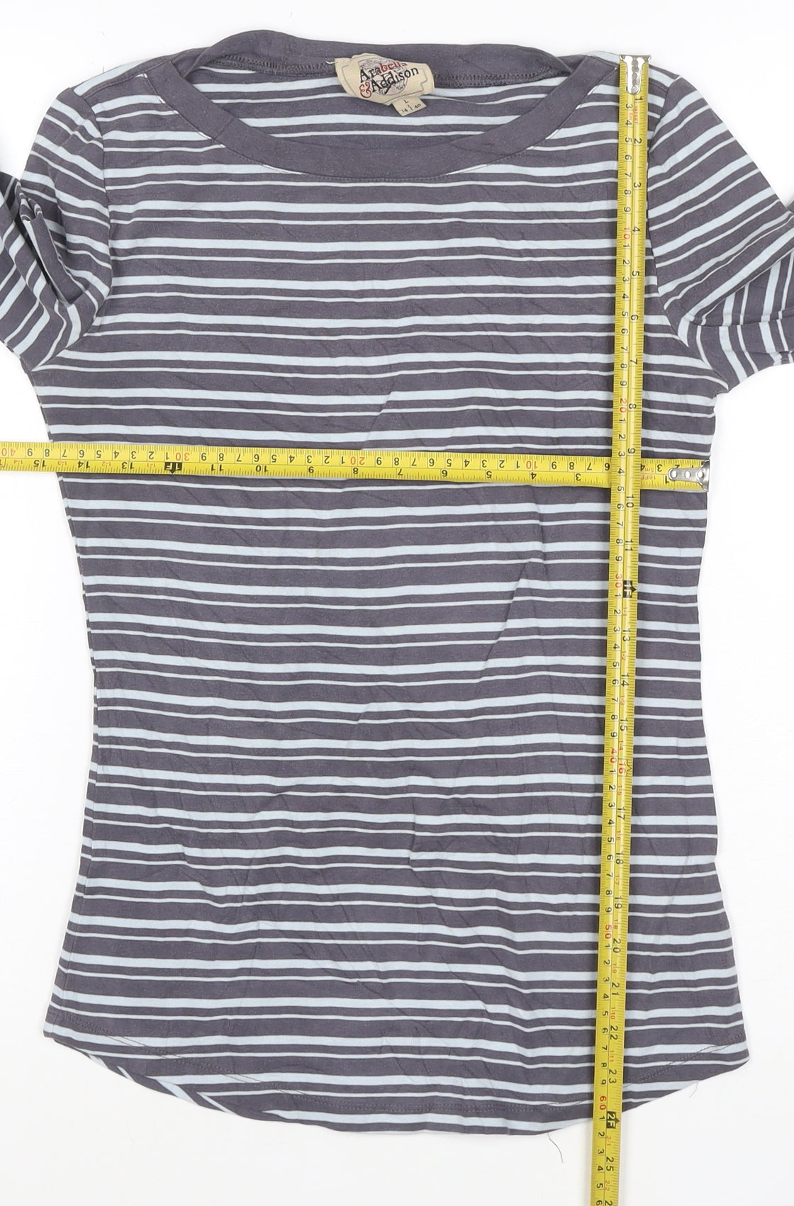 Arabella & Addison Women Grey Striped 3/4 Sleeve Cotton T-Shirt L