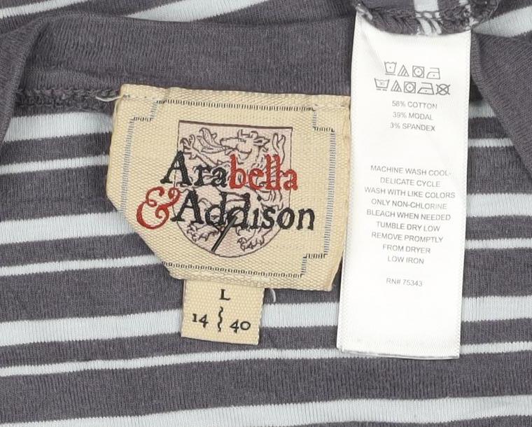 Arabella & Addison Women Grey Striped 3/4 Sleeve Cotton T-Shirt L