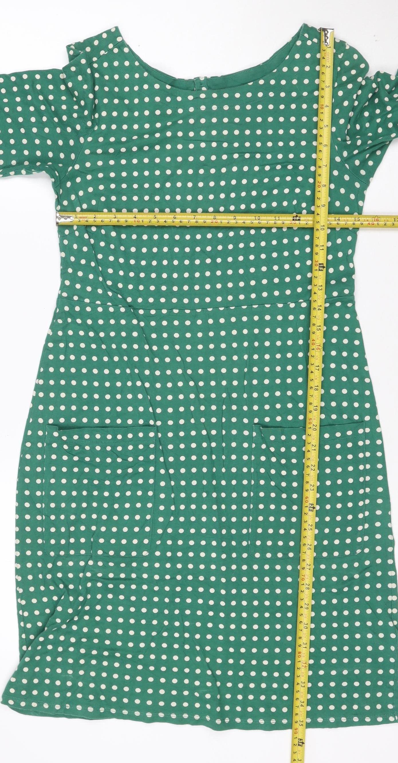White Stuff Women’s Green Polka Dot Cotton Shift Dress Size 10
