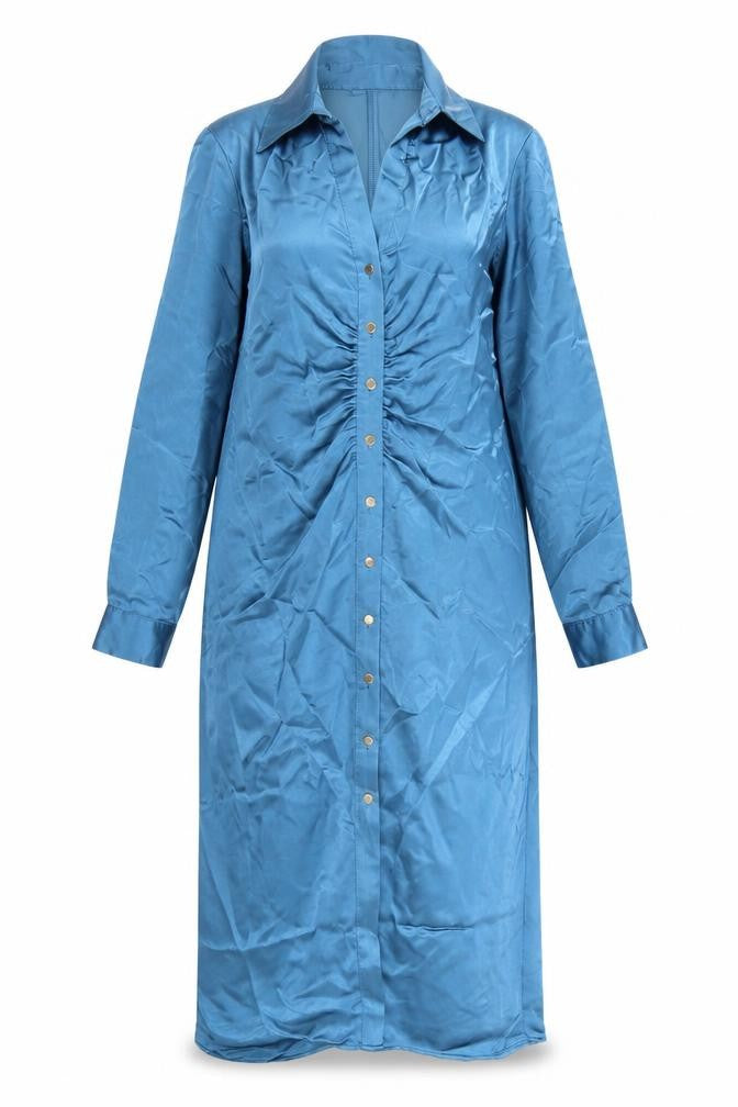 Zara Women Blue Collared Long Sleeve Ruched Midi Shirt Dress L