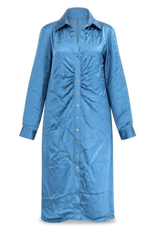 Zara Women Blue Collared Long Sleeve Ruched Midi Shirt Dress L