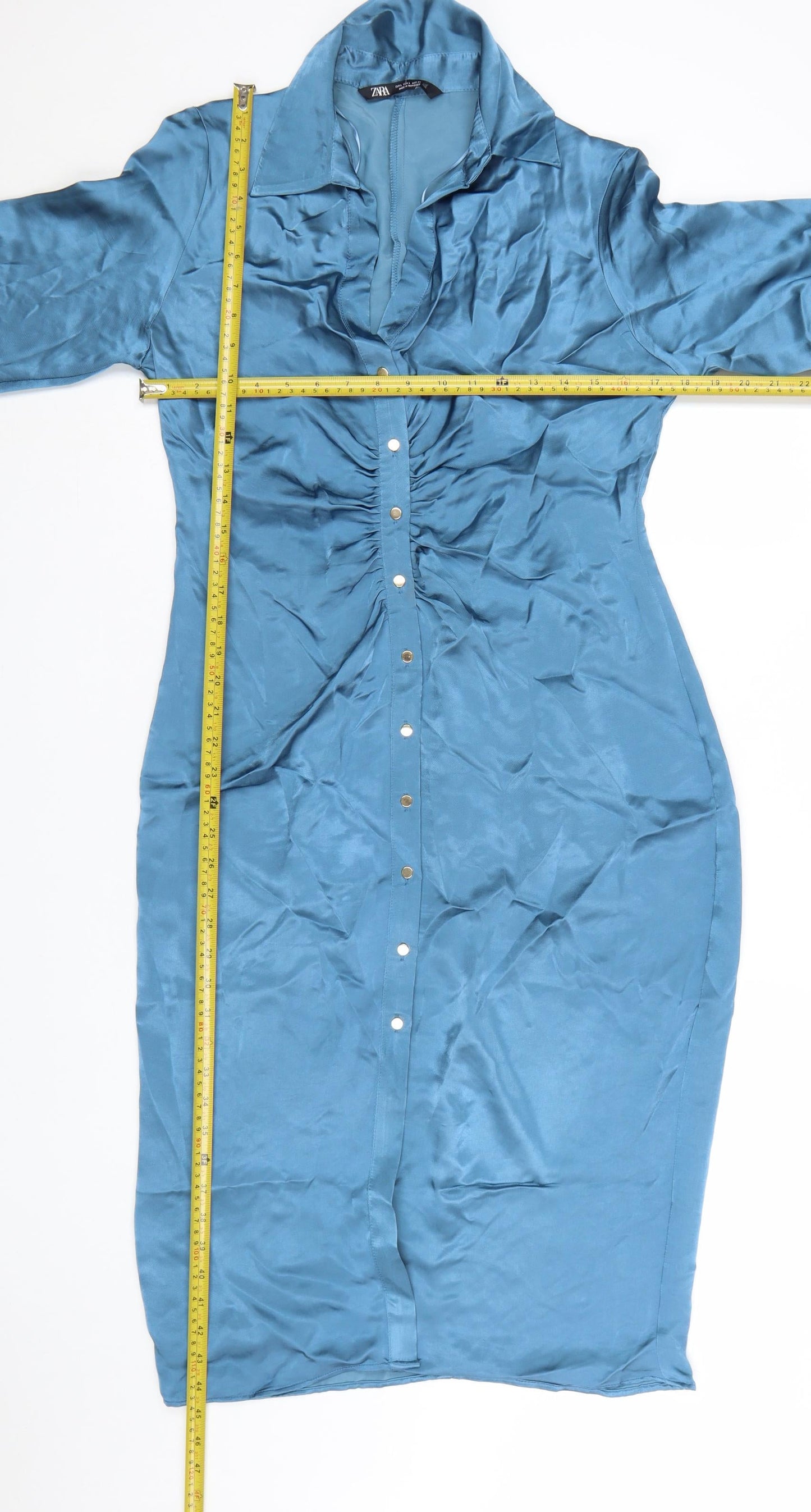 Zara Women Blue Collared Long Sleeve Ruched Midi Shirt Dress L