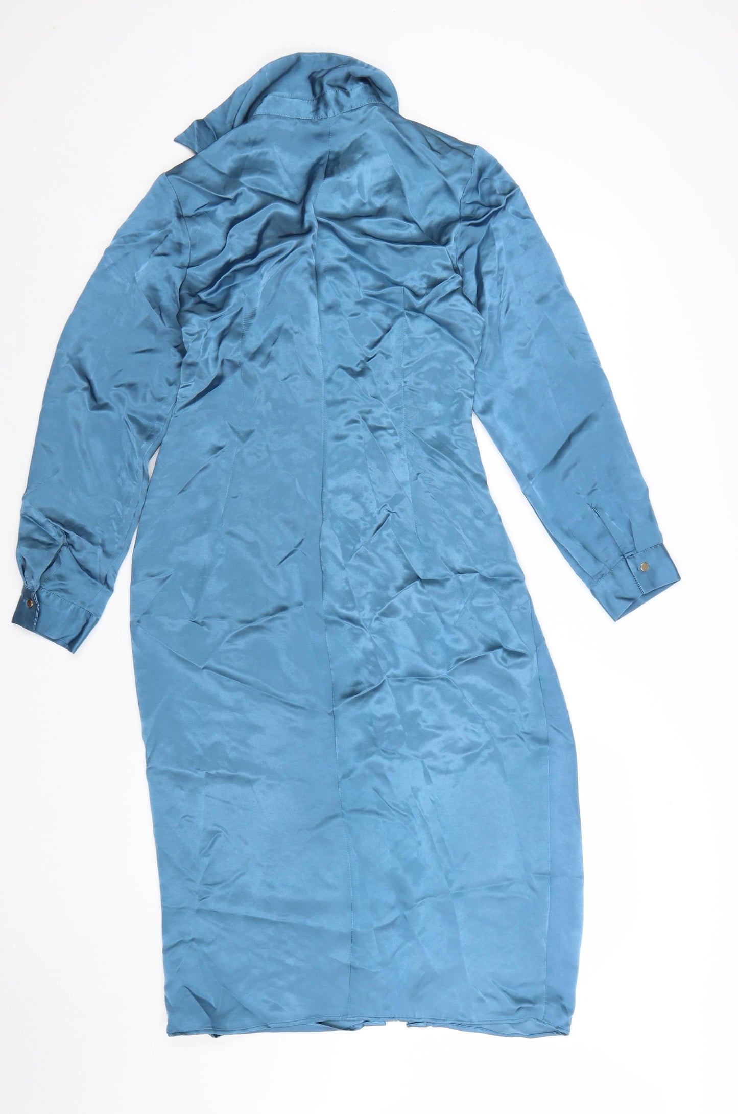 Zara Women Blue Collared Long Sleeve Ruched Midi Shirt Dress L