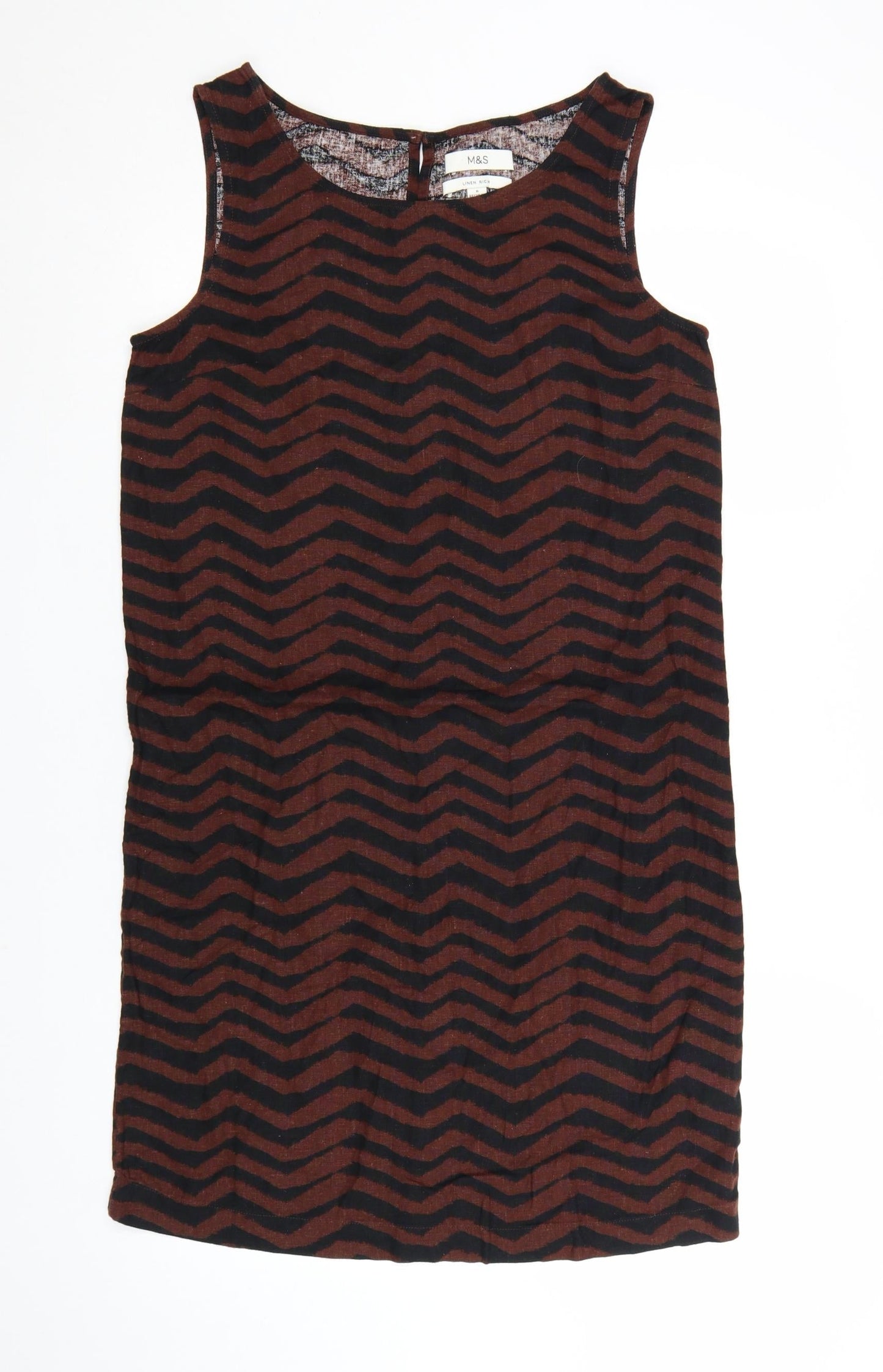 Marks and Spencer Women Brown Chevron Linen Shift Dress Size 6