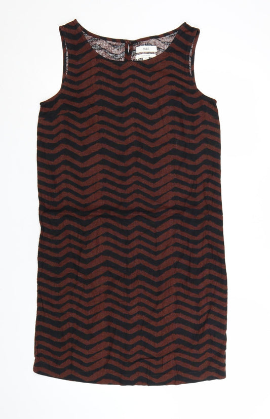 Marks and Spencer Women Brown Chevron Linen Shift Dress Size 6