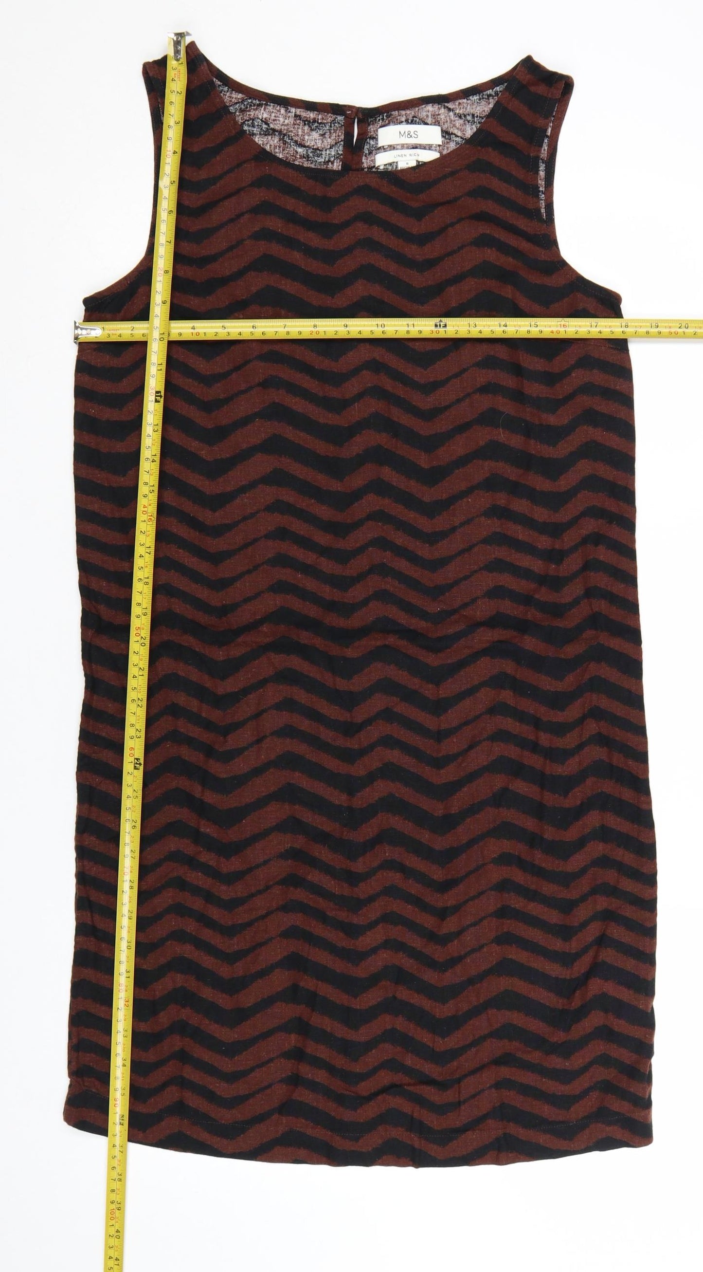 Marks and Spencer Women Brown Chevron Linen Shift Dress Size 6