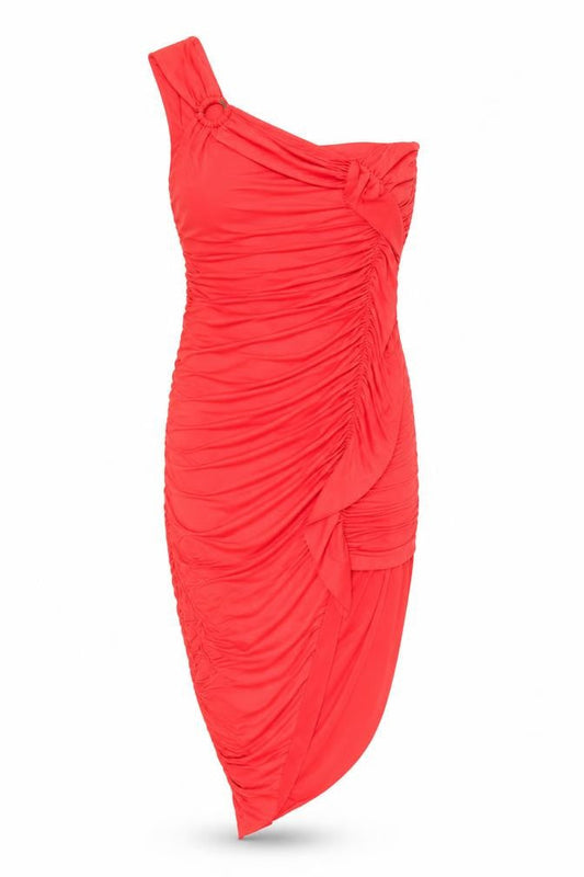 Zara Women Red One Shoulder Ruched Asymmetric Bodycon Dress Size S