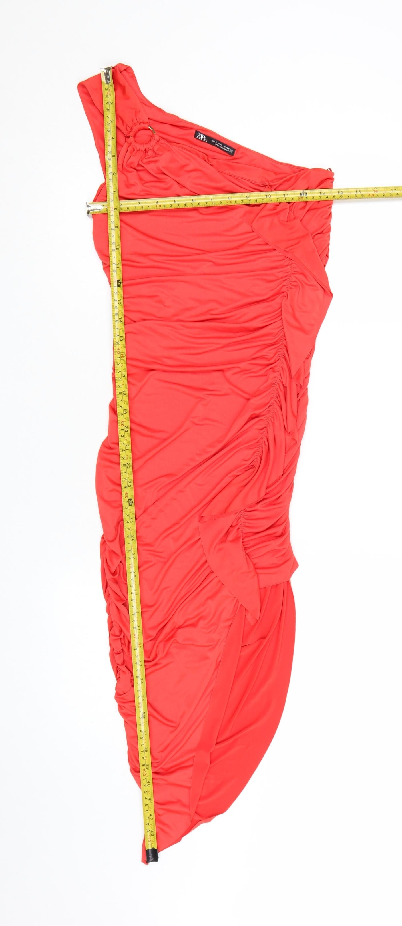 Zara Women Red One Shoulder Ruched Asymmetric Bodycon Dress Size S
