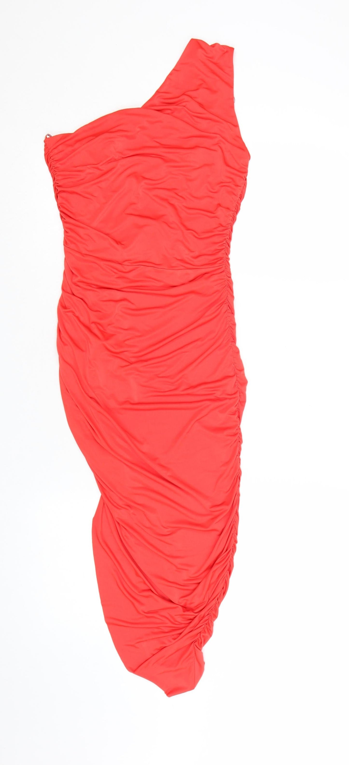 Zara Women Red One Shoulder Ruched Asymmetric Bodycon Dress Size S