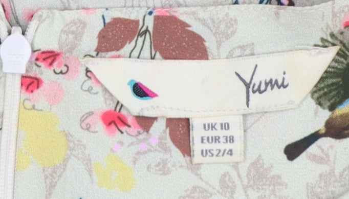 Yumi Women Beige Floral Bird Print Fit & Flare Dress Size 10