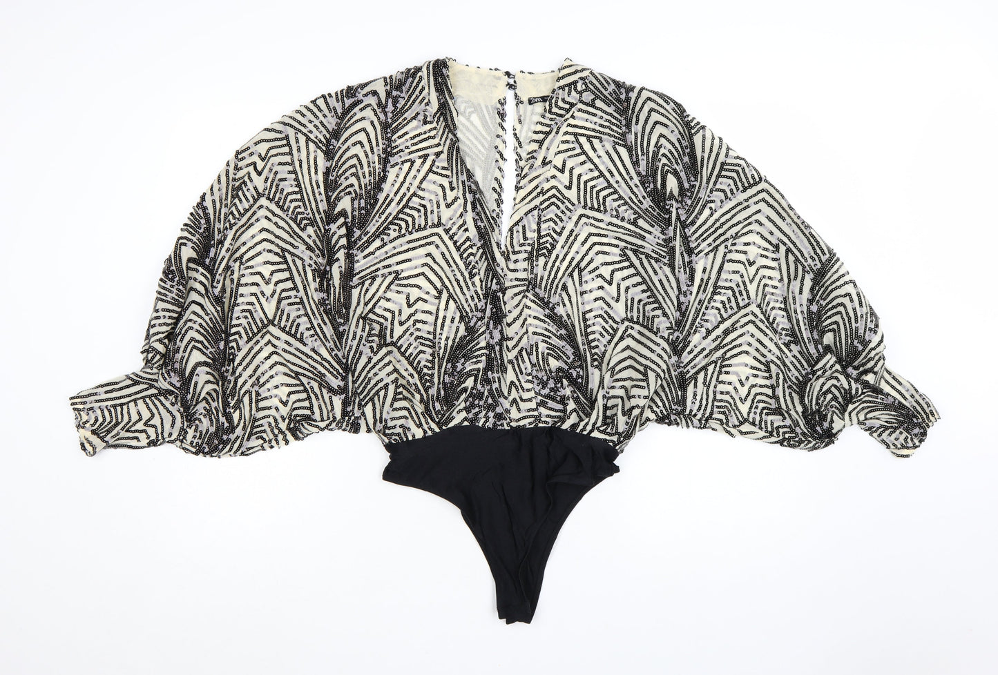 Zara Women Black & Ivory Beaded Bodysuit Size S Art Deco Style