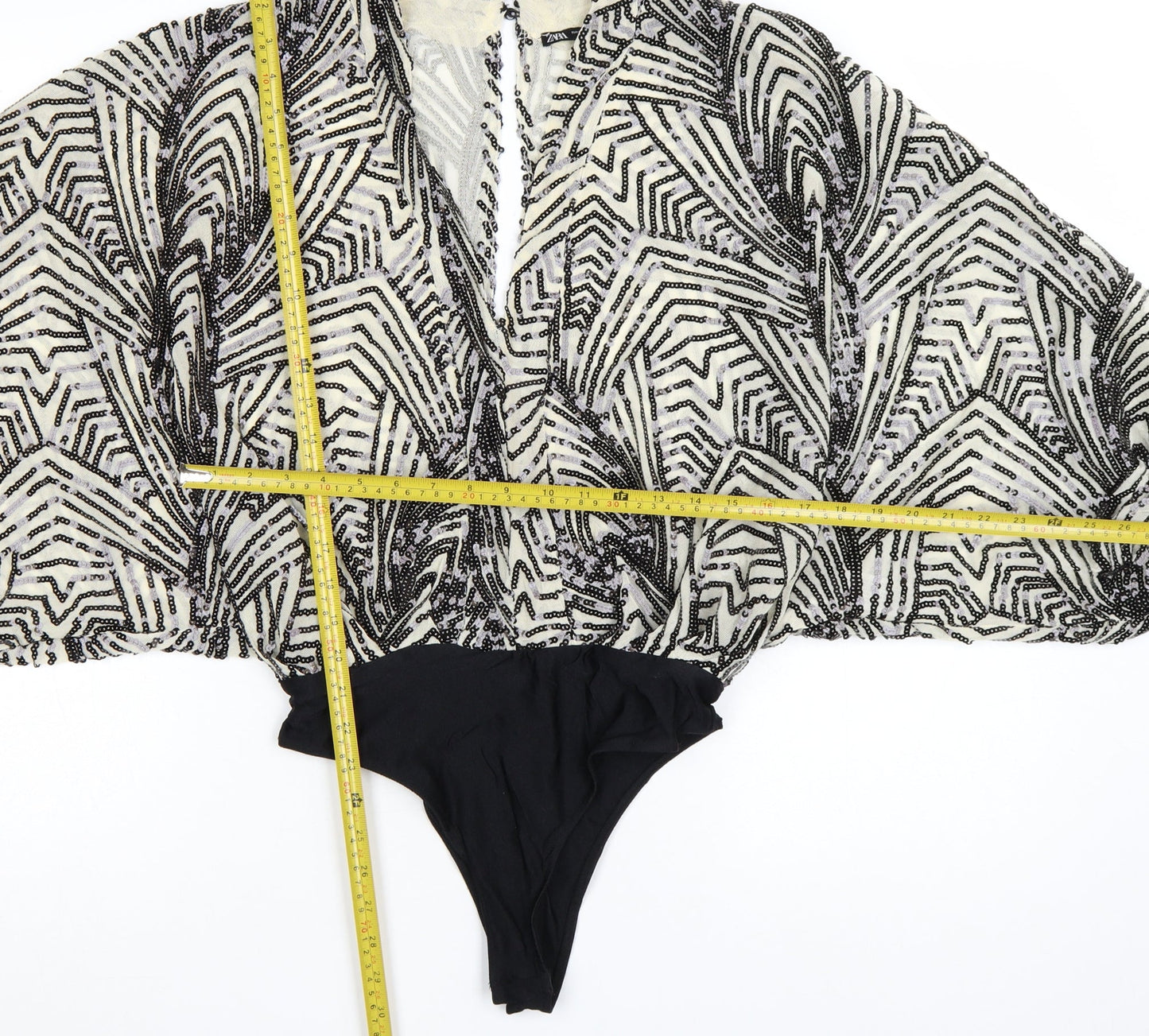 Zara Women Black & Ivory Beaded Bodysuit Size S Art Deco Style