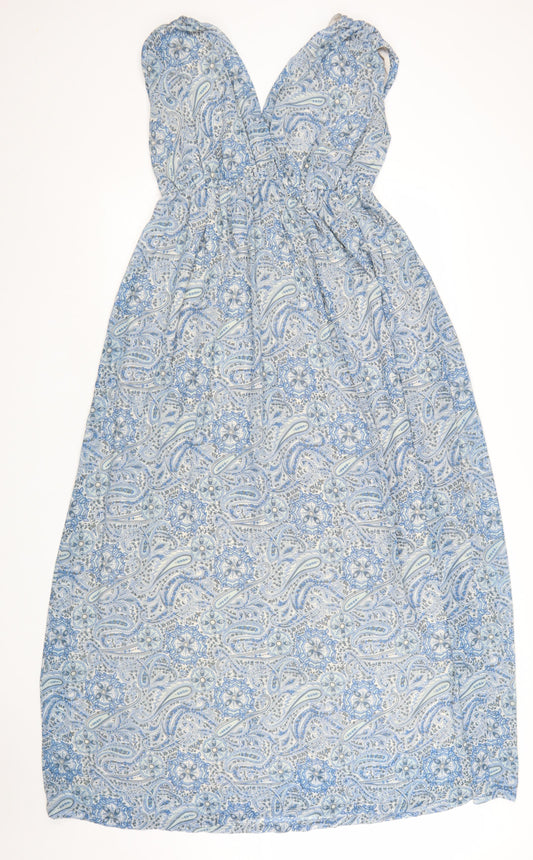 H&M Women Blue Paisley Midi Maxi Dress Size 8 Sleeveless V-Neck