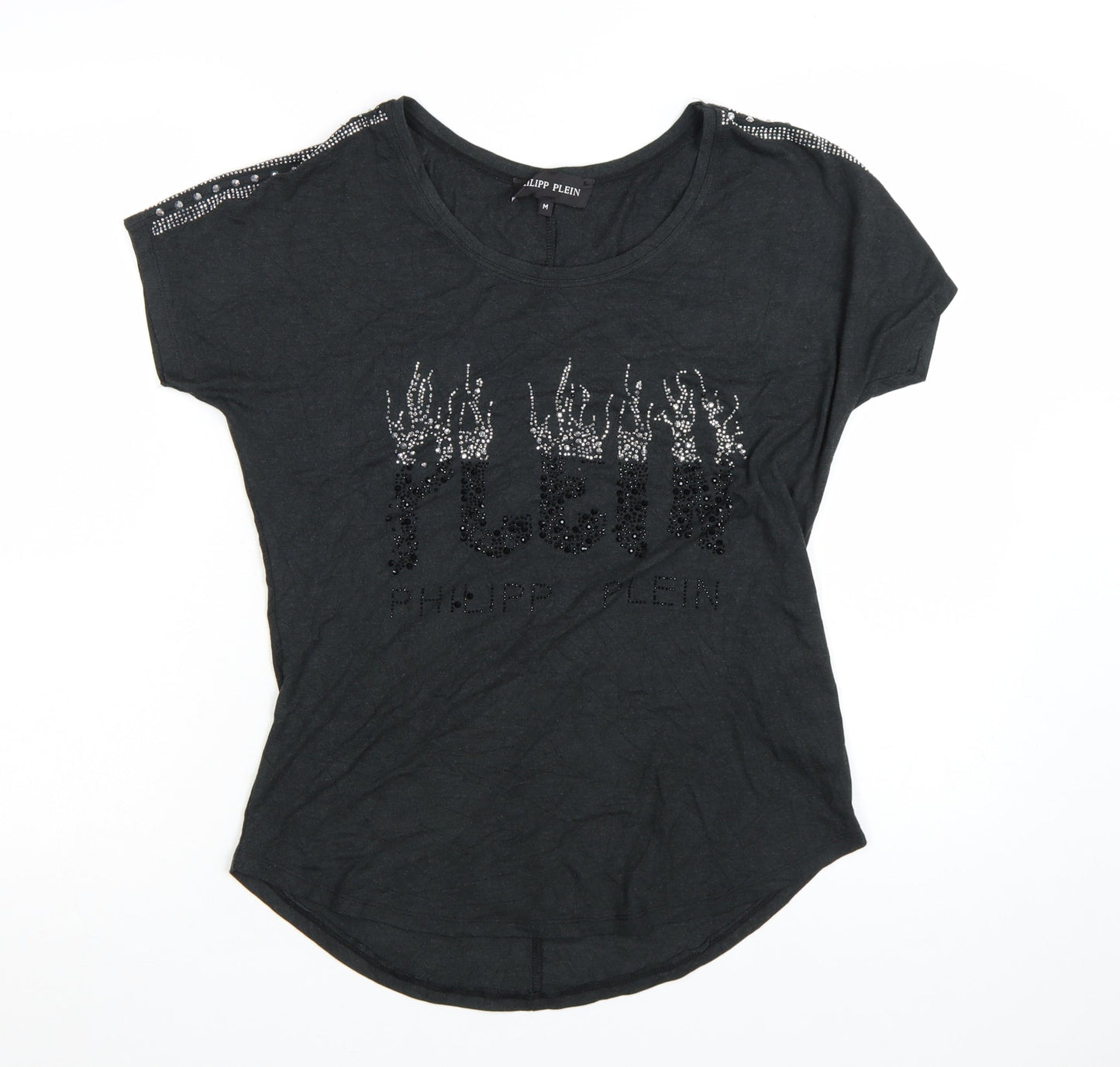 Philipp Plein Womens Black Beaded T-Shirt Size M Gothic Rock Style