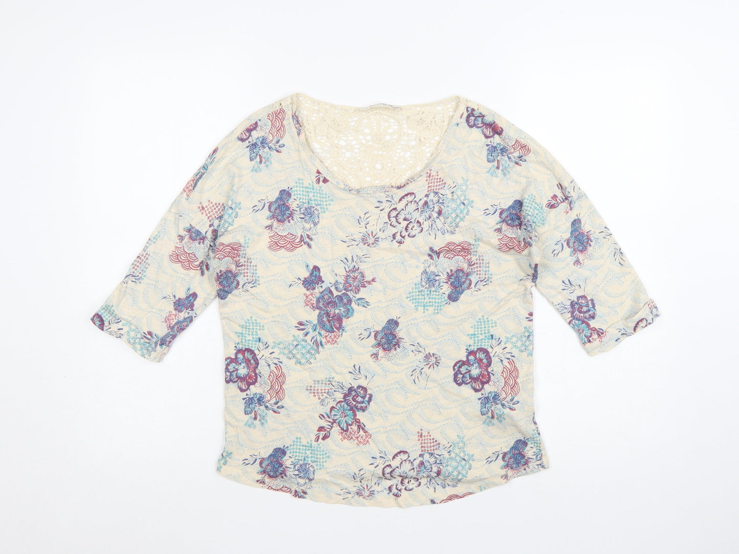 Marks and Spencer Women’s Beige Floral 3/4 Sleeve Crochet Tunic Top Size 10