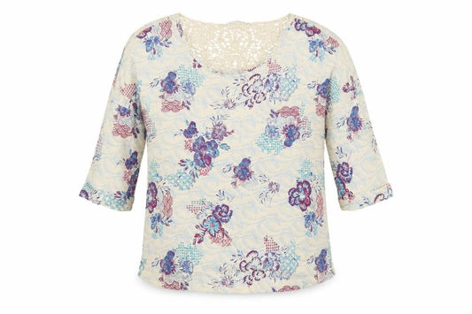 Marks & Spencer Women’s Beige Floral 3/4 Sleeve Crochet Tunic Top Size 10