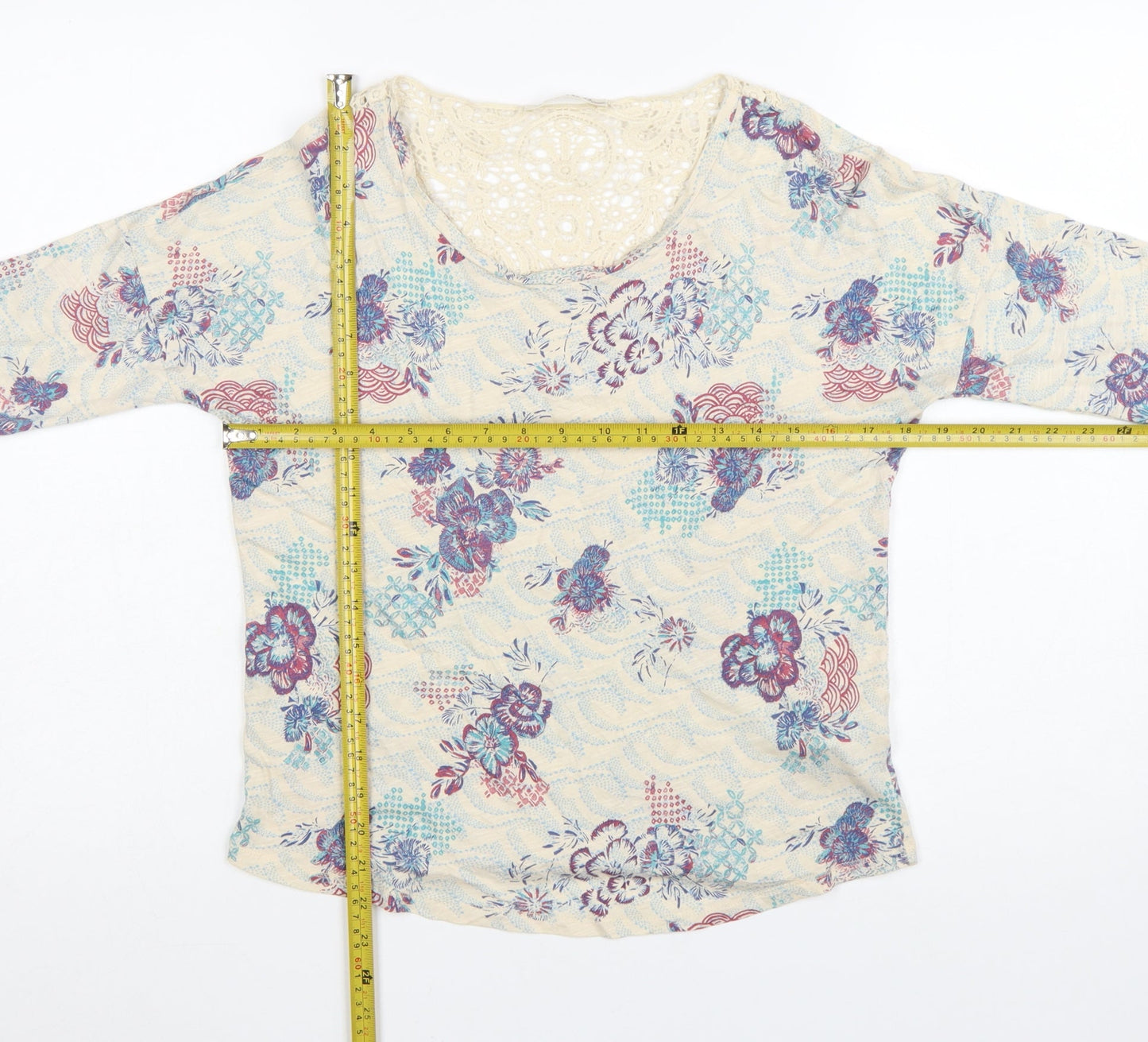 Marks and Spencer Women’s Beige Floral 3/4 Sleeve Crochet Tunic Top Size 10
