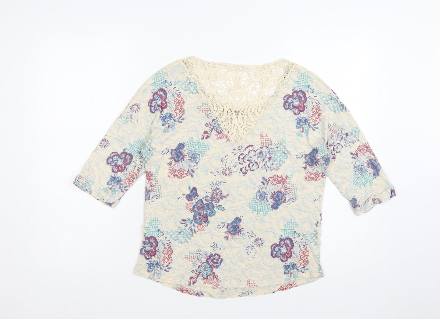 Marks and Spencer Women’s Beige Floral 3/4 Sleeve Crochet Tunic Top Size 10
