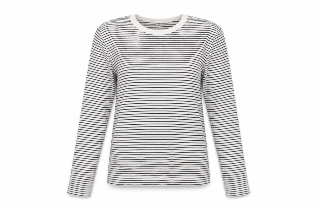 Uniqlo Women Black White Striped Long Sleeve Crew Neck T-Shirt XS