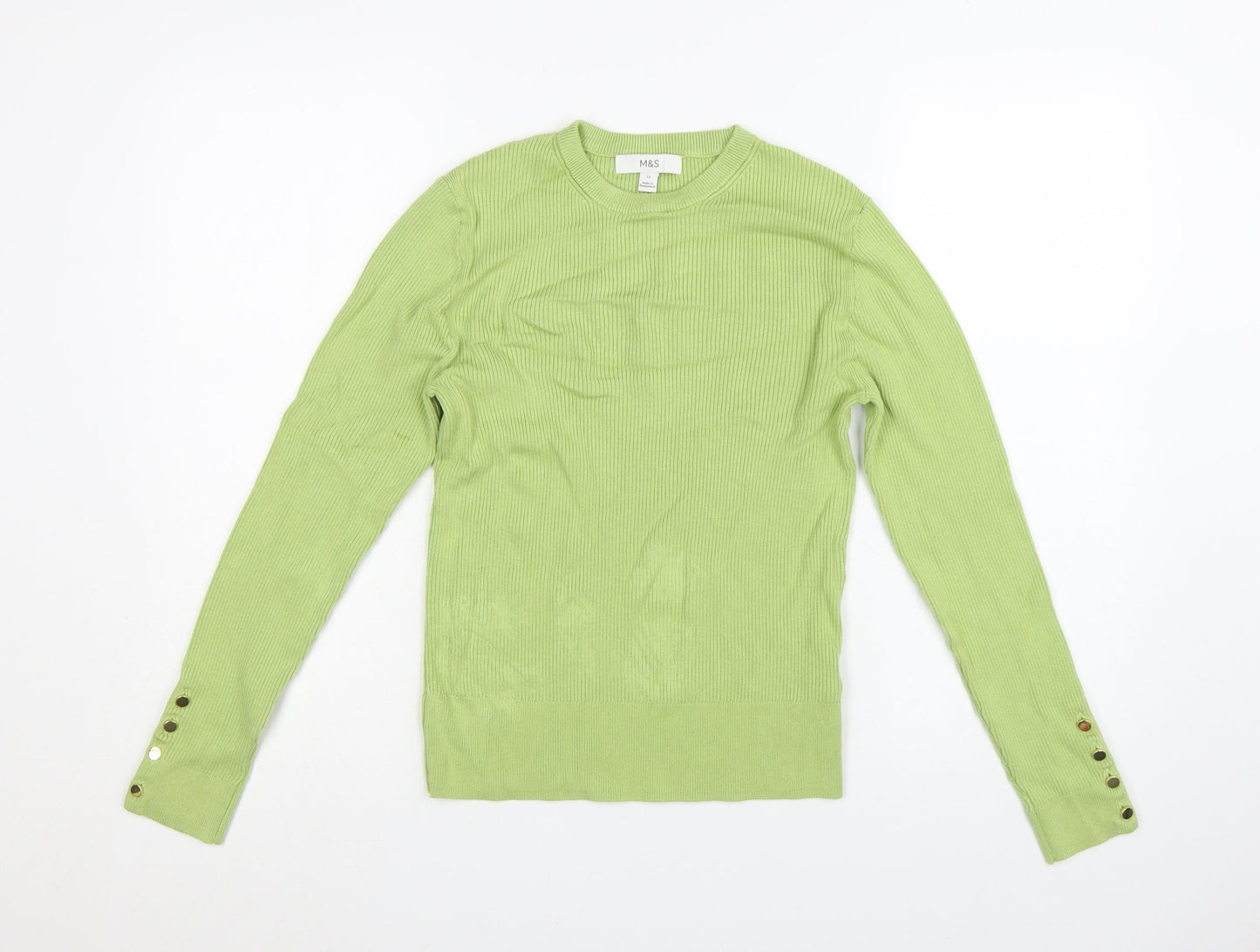 Marks and Spencer Womens Green Size 12 Ribbed Crew Neck Jumper